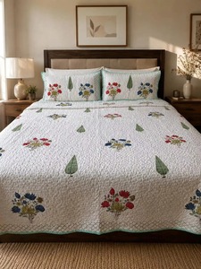 Boho <b>Floral</b> Hand Block Printed Cotton Comforter Set <b>Quilted</b> Bedcover with Matching Pillow Covers - Product Image 5