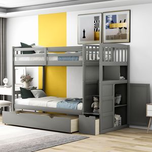 Lit superposé convertible gris avec étagères de rangement et tiroirs, lit superposé pour enfants avec lit double/grand lit - Product Image 4
