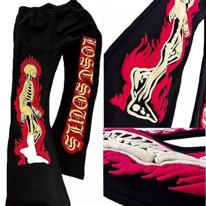 Pantalones Góticos Negros para Hombre con Bordado de Esqueleto y Llamas Rojas, Cintura Elástica con Cordón, Estilo Casual - Product Image 2