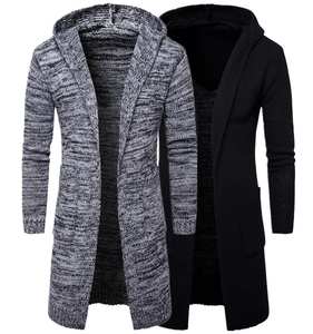 <b>Men's</b> <b>Long</b> Hooded Knit <b>Cardigan</b> Solid Color Full Sleeve V-Neck With Front Pockets Winter Wear Acrylic Material - Product Image 4
