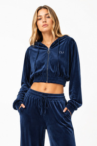 Ensemble deux pièces pour femmes, nouveau sweat à capuche en velours, sweat à capuche zippé, ensemble de survêtement personnalisé, couleur unie, tenue de luxe en velours pour l'automne - Product Image 3