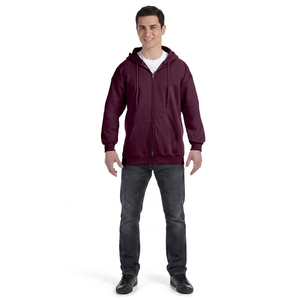 Sweat à capuche zippé pour homme, couleur bordeaux, coupe classique, en molleton de coton, décontracté, pour l'automne - Product Image 1