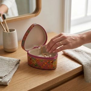 Handcrafted Magenta Heart Shaped Paper Mache <b>Jewellery</b> <b>Box</b> Golden Stipple Floral Design Traditional Indian Keepsake <b>Gift</b> - Product Image 1