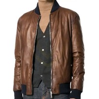 Veste en cuir d'agneau véritable pour homme, hiver, haute qualité, design personnalisé, col montant, logo frontal, marron, tendance