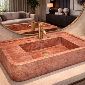Red Travertine Stone Modern Eco-Friendly Handmade Bathroom Sink and <b>Basin</b> for Hotel and Home Decor - Product Image 1