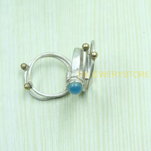 Bague en calcédoine bleue, argent sterling 925 et laiton, faite à la main, pierre précieuse en calcédoine naturelle, bijoux bohèmes vintage, cadeau pour elle - Product Image 6