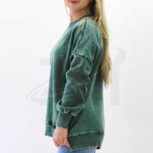 Sudadera de Mujer con Lavado Ácido, Premium, Estilo Vintage, Cuello Redondo, Prenda Casual para un Estilo Moderno, Color Verde Sólido, Tejido de Algodón Lavado - Product Image 5