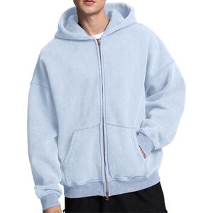 Sudadera con capucha azul cielo para hombre, con cremallera, lavado ácido, material de felpa francesa suave, corte holgado, calidad premium, estilo casual. - Product Image 1