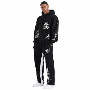 Conjunto Deportivo con Capucha para Hombre, Color Negro, con Estampado de Calavera y Estrellas, Pantalones Largos, Ropa Casual de Calle, Invierno, Ecológico, 100% Algodón - Product Image 1