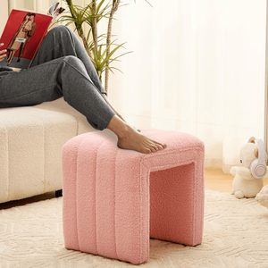 Modern <b>Pink</b> Teddy Velvet Ottoman Footrest Vanity <b>Stool</b> for Makeup Room or Living Room Entryway - Product Image 5