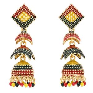 Boucles d'oreilles pendantes Jhumka plaquées or 24 carats multicolores avec motif Meenakari - Product Image 3