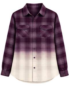 Camisa de Franela a Cuadros Morada Degradada Personalizada para Mujer, Manga Larga, Cierre de Botones, Estilo Casual, con Bolsillos Dobles en el Pecho - Product Image 1