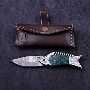 Handmade <b>Fish</b> Folding <b>Knife</b> Damascus Steel Pine Cone Handle Outdoor Survival Custom EDC OEM ODM Wholesale Manufacturer Drop - Product Image 1