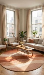 Modern <b>Abstract</b> Wave Round Wool Anti-Slip Area Rug Soft Tufted Terracotta Orange Beige for Living Room - Product Image 3
