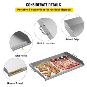 Piastra Rettangolare Universale in Acciaio Inox 32'' X 17'' con 2 Manici e Scanalature per Grasso, per Barbecue a Carbone/Gas - Product Image 5