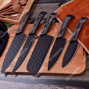 Custom Handmade 12C27 Stainless Steel Powder Coated Brushed Finish Hammered Blade 5 Pcs Professional Chef <b>Set</b> Ergonomic Black - Product Image 5