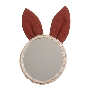 <b>Round</b> Rattan Wall Mirror With Red Rabbit Ears Bohemian Decorative Handmade <b>Frame</b> For Easter Kids Room - Product Image 1