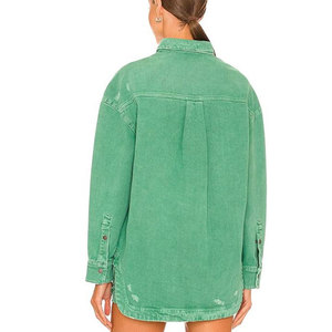 Chemise-veste en jean vert pour femme, manches longues, col rabattu, style utilitaire, respirante, longueur intégrale, poche plaquée en coton, idéale pour l'été - Product Image 5