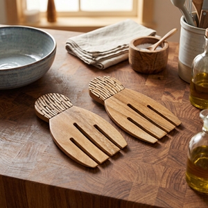 Utensilios para Ensalada de Madera Suar de Grado Alimenticio, Forma de Mano con Incrustaciones de Cáscara de Coco Blanca, Patrón de Líneas, Color Marrón Claro, Vajilla Elegante para Mesa de Cocina - Product Image 4