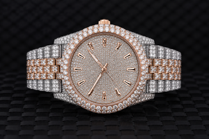 Reloj de Pulsera de Lujo para Hombre, Totalmente Cubierto de Diamantes Moissanite VVS, Esfera con Números Arábigos, Oro Rosa de Dos Tonos, Fecha, Estilo Hip Hop, Plateado - Product Image 1