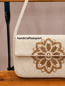 Custom Womens Handmade Ivory <b>Gold</b> Floral Beaded Single Strap Shoulder <b>Bag</b> Elegant Magnetic Flap Bridal Party <b>Evening</b> Purse - Product Image 3
