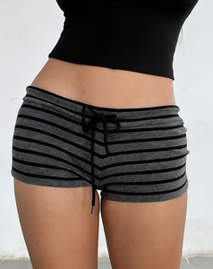 Women's Summer Mid Waist Striped Knitted Polyester/Cotton Shorts with Drawstring Casual Breathable Fit Customizable - Product Image 4