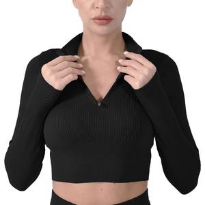 Débardeur court respirant à taille haute et coupe régulière pour femmes grandes tailles, avec manches longues élastiques, idéal pour le sport et le yoga – Vente en gros personnalisée - Product Image 1