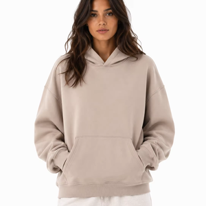 Sweat-shirt à capuche surdimensionné beige de qualité supérieure pour femme, en mélange de coton doux, avec poche kangourou classique et manches longues - Product Image 1