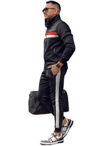 Ensemble de survêtement sportif pour homme noir avec rayures rouges et blanches, sweat à capuche entièrement zippé et poches latérales, en polyester respirant, idéal pour l'automne - Product Image 5