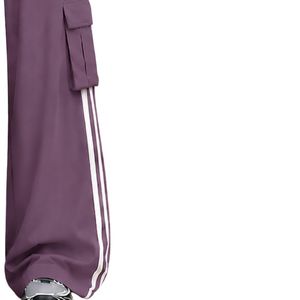 Pantalones Cargo Anchos de Mujer Color Morado Polvoriento Personalizados, de Cintura Alta con Cordón, Rayas Laterales, Ajuste Relajado, Estilo Urbano - Product Image 4