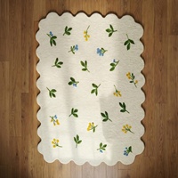 Blumiger Skandinavischer Wollteppich Creme Grüne Blätter Gelbe Blaue Blumen Handgetufteter Plüschteppich mit Hohem Flor Umweltfreundlich Haustierfreundlich