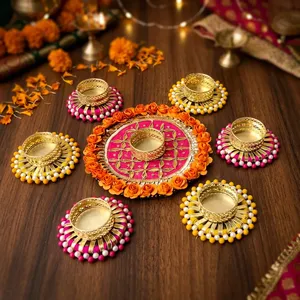 AARNA COLLECTION Handmade Luxury Eco-Friendly Orange Pink Pearl <b>Tealight</b> Candle <b>Holder</b> Set Flower Rangoli Base for Diwali Party - Product Image 2