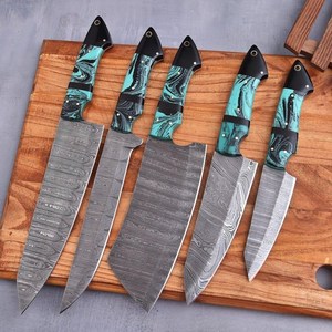Hand Forged Damascus Steel Full Tang Professional Kitchen <b>Knives</b> <b>Set</b> Twisted Forged Pattern Resin Handle OEM Customizable ODM - Product Image 1