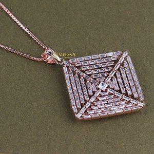Rhodium Plated Brass CZ Pyramid Pendant Earring Set for Wedding Holiday - Product Image 3