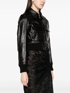 Embossed Croco <b>Leather</b> Bomber Jacket Women's <b>Short</b> Zipper Closure Turn-down Collar Full Sleeve Solid Black - Product Image 6