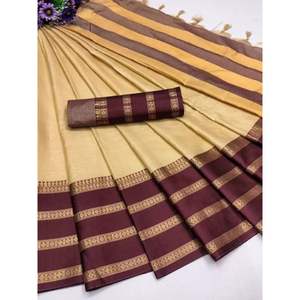 KHADI TRADICIONAL ALGODÓN JACQUARD TRABAJO SAREE CON BLUSA SIN COSTAR CHIKU - Product Image 1