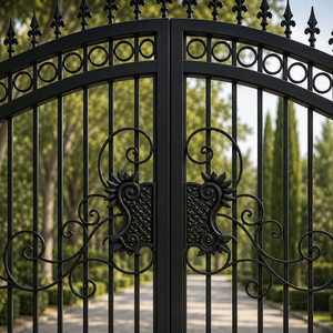 Puerta de Entrada Doble de Hierro Forjado Negro con Adornos de Espiga y Volteos para Entrada de Villa o Jardín, Diseño de Seguridad - Product Image 1