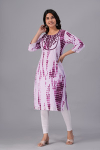 Women Purple Tie <b>Dye</b> Printed Kurti with , 3/4 Sleeves Embroidery Casual Ethnic Wear Straight Kurta for Daily Wear . - Product Image 5