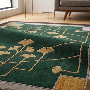 Alfombra de Lana Inspirada en el Arte y la Artesanía, con Borde Floral Hecho a Mano, Alfombra Verde Oscuro Estilo Misionero para Sala de Estar, Dormitorio, Decoración Vintage - Product Image 1