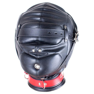 Máscara de cuero sintético acolchada profesional con capucha y cuello rojo para fiesta, disfraz de club, arnés de cabeza de cuero sintético de cara completa - Product Image 1