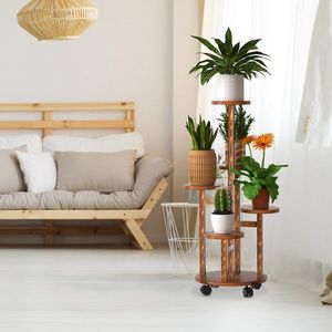 Pianta in legno a 5 livelli con 4 ruote staccabili che rotolano ripiano decorativo per interni esterni per espositore per piante - Product Image 1