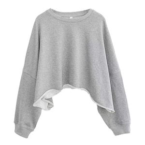 Women's Oversized Drop-Shoulder Crew Neck Sweatshirt <b>Asymmetric</b> <b>Hem</b> Solid White Full Sleeve Knitted Cotton Autumn Wear - Product Image 6