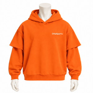 Orange Double Layer <b>Hoodie</b> Oversized <b>Short</b> <b>Sleeve</b> Overlay Long <b>Sleeve</b> Pullover Casual Urban Streetwear Loose Fit Hooded Custom - Product Image 1