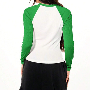 Hot Selling Loose Fit Women's Color Blocked <b>Raglan</b> Sleeve Crop <b>Top</b> Crew Neck Long Sleeve Knitted Slim Fit Casual Wear T-Shirt - Product Image 2