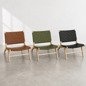 Fauteuil lounge en cuir tissé de qualité supérieure, structure en teck massif, fauteuils d'appoint modernes de style mid-century, meubles de salon indonésiens - Product Image 3