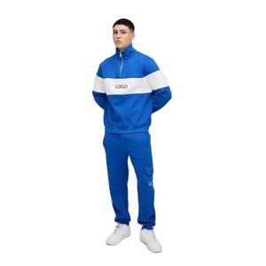 Mens Royal Blue and <b>White</b> Colorblock Quarter-Zip Custom Logo Sweatshirt and Matching <b>Cargo</b> Jogger Pants Tracksuit OEM ODM - Product Image 1