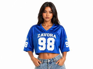 T-shirt court tendance bleu pour femme, imprimé, en maille respirante, à manches courtes, col en V, coupe ample, style maillot de football américain, streetwear sportif - Product Image 2