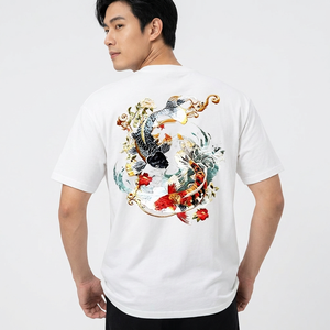 Camiseta Blanca de Manga Corta para Hombre, Estampado de Peces Koi y Flores, Cuello Redondo, Corte Holgado Informal, 100% Algodón, Transpirable, Diseño Tejido Bordado - Product Image 5