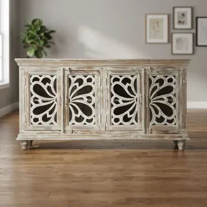 Aparador de Madera Reciclada Estilo Vintage con Cuatro Puertas Decorativas con Tallados, Acabado Blanco Desgastado, Mueble Rústico - Product Image 5