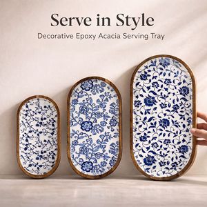 Plateau de service ovale en bois d'acacia, vaisselle pour la maison, assiettes à café et desserts bleues, passe au lave-vaisselle, accessoires de cuisine modernes - Product Image 2
